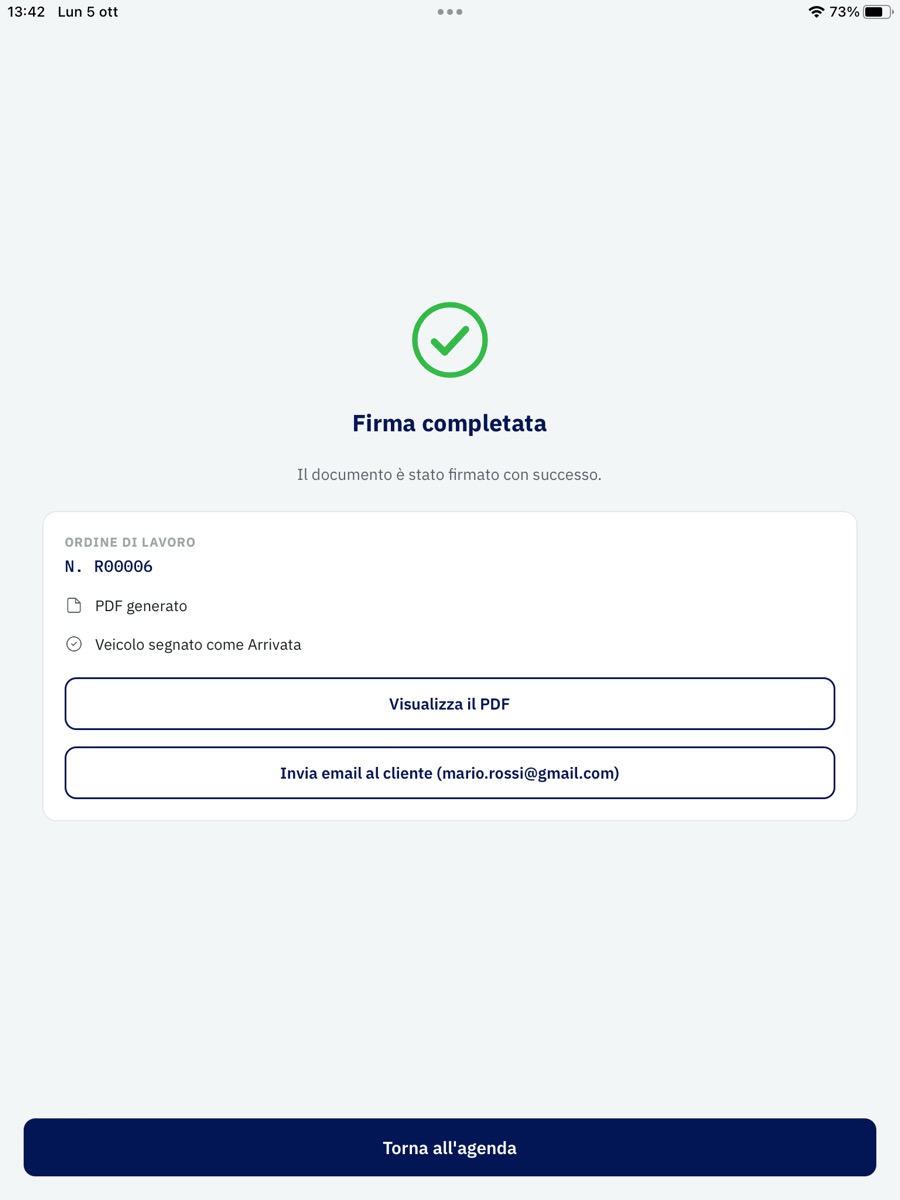 Schermata di conferma dopo la firma