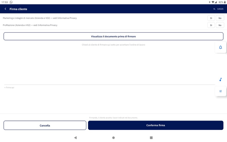 Schermata di firma, con il pad e i consensi
