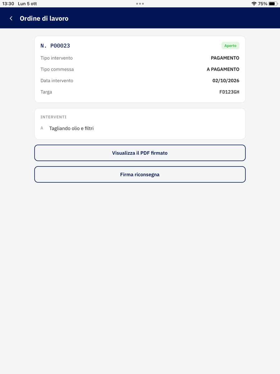 Dettaglio ordine di lavoro, con i bottoni