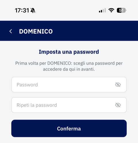Imposta una password, primo accesso