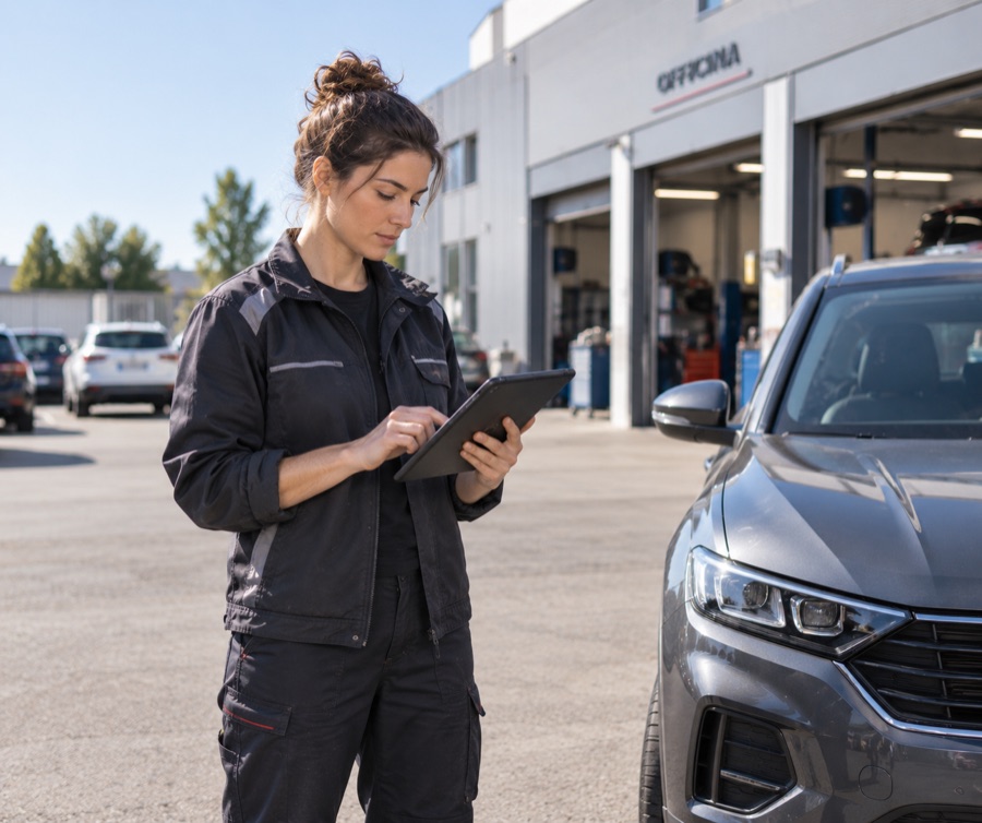 Meccanica che controlla un veicolo con il tablet davanti all'officina